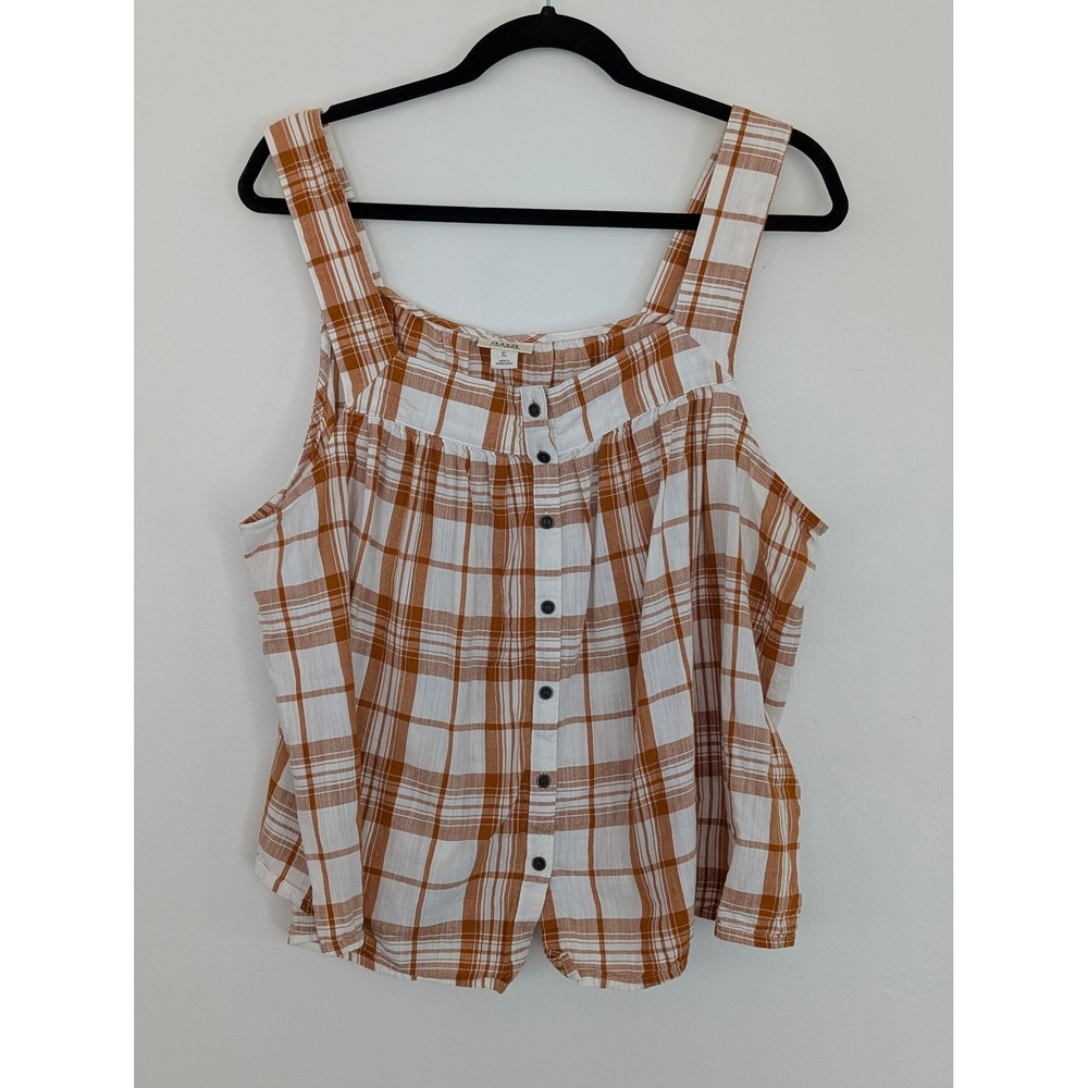 ana A New Approach Women XL Plaid Button Front‎ Tank Top Rust Orange White Check